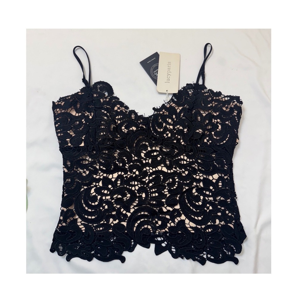 Lucy Paris Black Guipure Lace Camisole Top Nude Lining Back Zip NWT Small